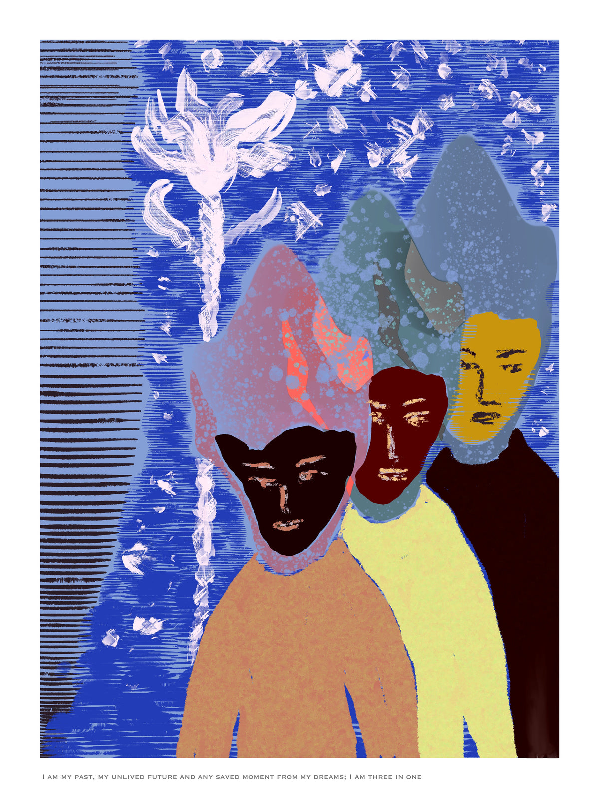 Ensemble – Three figures in blue, an illustration from the Illustrations for Unwritten Books series