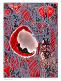 The Feeling of Love — fine art print featuring bold red organic forms and a curled figure on a steel blue background
