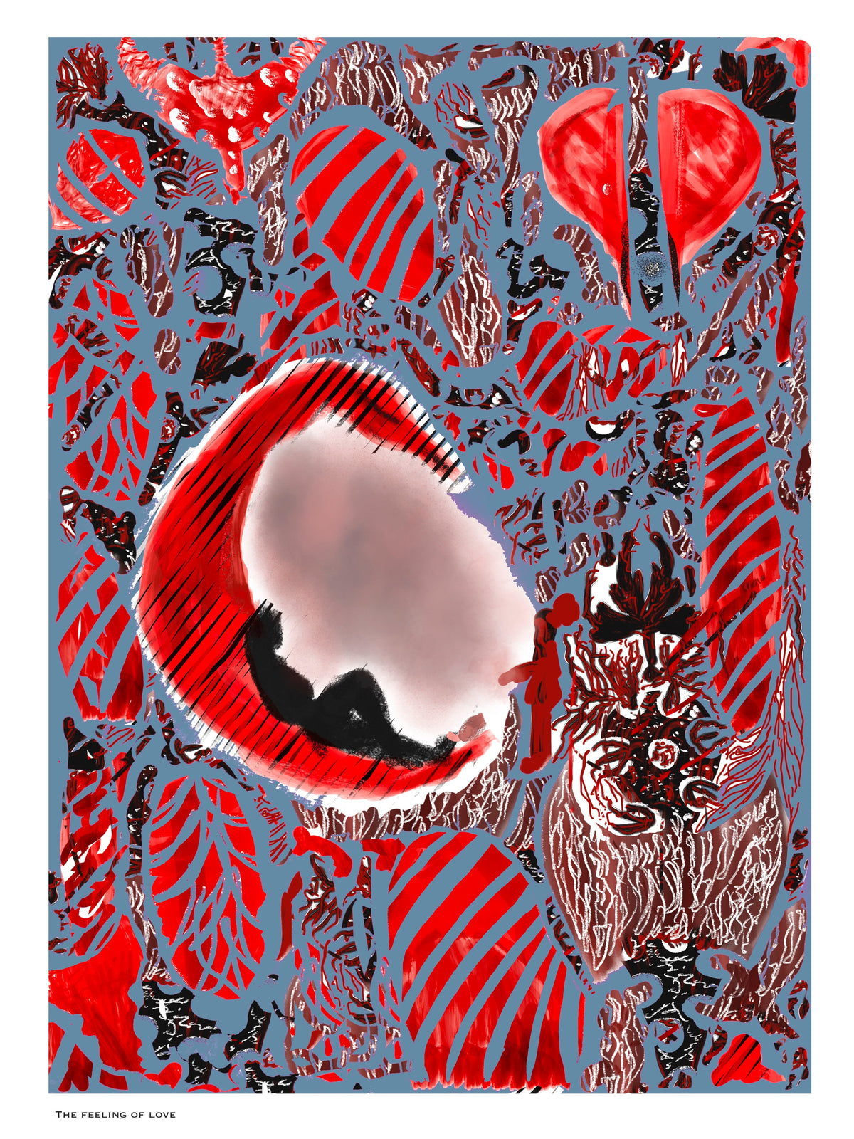 The Feeling of Love — fine art print featuring bold red organic forms and a curled figure on a steel blue background